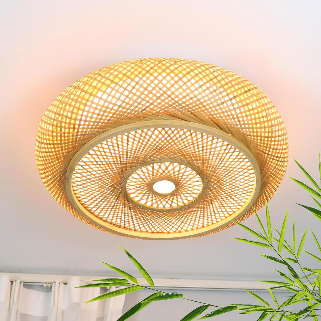 19.7 in Bamboo Woven Rattan-Style Ceiling Light, Boho Ceiling Light Fixture with Remote, LED Dimmable Ceiling Light, Boho Light Fixture for Bedroom Living Room Dining Room Light