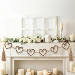 Heart Garland with Tassels 4.92 Ft Farmhouse Wood Beads Garland Vintage Rustic Boho Rattan Heart Wreath Wedding Bridal Shower Hanging Decorations for Mantel Fireplace Wall Home Decor