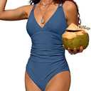 Charmo Tummy Control One Piece Swimsuits for Women Ruched Bathing Suits Strappy V Neck Monokini, Size Medium