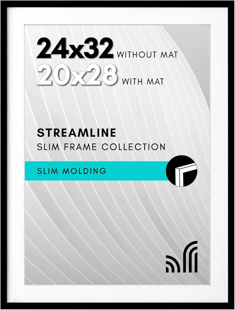 Americanflat 24x32 Poster Frame with Polished Plexiglass - Use as 20x28 Frame with Mat or Display 24x32 Photo Without Mat - Streamline Collection - Thin Border Picture Frames for Wall - Black