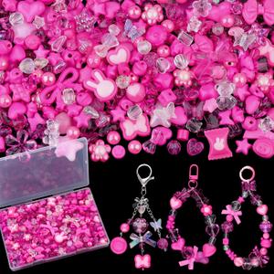 Assorted Acrylic Beads,200-260PCS Rose Pink Cute Bead for Bracelet Making,Aesthetic Flower Bow Butterfly GummyBear Round Kawaii Charms for Jewelry Necklace Making DIY Keychain Phone Charm