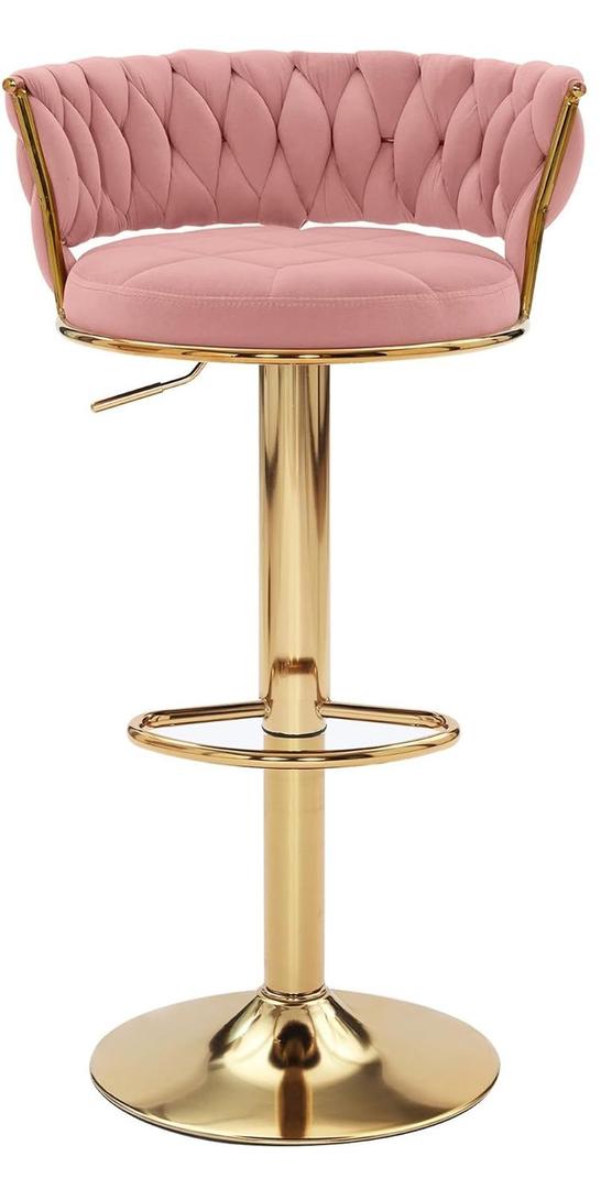VECELO Bar Stool, Adjustable Barstools Counter Height Stools with Back and Arm, Velvet Woven Kitchen Island Stools w/Gold Metal Leg Base, 360 Swivel Bar Chair, Pink