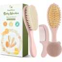 Yoofoss 4 Piece Baby Hair Brush and Comb SetWooden Baby Hair Brush with Natural Ultra Soft Goat Hair, Baby Comb Set for Boy, Girl - Pink
