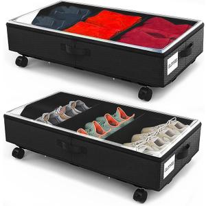 2 Pack Under Bed Storage Rolling Metal Frame Underbed Containers with Wheels Lid Visiable Window Storage Bag Box Organizer Home Closet Organization Drawer Bins for Clothes Shoes Toys Blanketss Black