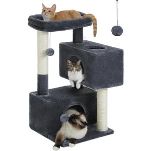 31.5" Cat Tree Tower for Indoor Cats - 2 Cozy Condos, Multi-Level Cat Scratching Posts with Sisal, Soft Padded Perch, 2 Dangling Toys, Dark Grey