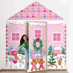 4 Pcs Christmas Gingerbread Door Decoration Xmas Gingerbread House Candy Door Covers Backdrop Christmas Hanging Banner Porch Sign for Holiday Classroom Office Home Party Decor(Pink)
