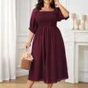 SCOMCHIC Women's Plus Size Maxi Dress Short Sleeve Square Neck Hollow Out Smocked Flowy A-Line Boho Wedding Guest Dresses (XXXL)