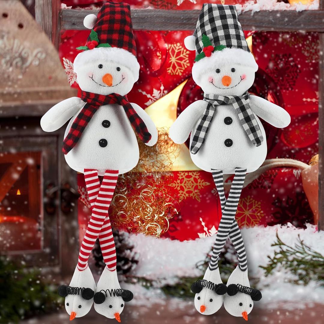 2 Pcs 27.6" Stuffed Snowman Sitting Plush Decor Christmas Long Leg Snowman Stuffed Toy with Scarf and Hat Farmhouse Rustic Christmas Tabletop Ornaments for Xmas Holiday Decor(Dot)