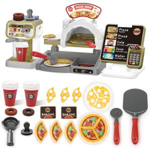 DeAO Pretend Play Store Coffee Playset Kids Coffee Maker Play Set Pizzas Shop with Cash Register Toy Kitchen Playset Accessories Gifts for Toddlers Boys Girls