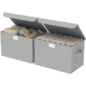 Fabric Storage Bin with Lid, Closet Boxes with Cover, Collapsible Stackable Organizer Basket with 2 Handles, for Home and Bedroom, 2 Pack, Grey, 10.2 x 7.9 x 6.7 In, XSNY12GS-2