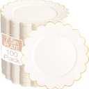LIYH 100 Pcs Ivory Plastic Plates with Gold Rim- Dessert Plates 7.5" Disposable Scalloped Fancy Gold Plastic Plate, Baby Shower Cake Plate Party Tableware Dishes