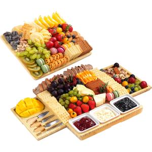 Large Charcuterie Board Set with Knife Set, 12.6" 11.2" Square Fruit Tray, Bamboo Cheese Platter (Double-Drawer), Great for Group Gatherings, House Warming Gifts New Home, Birthday Gifts for Women
