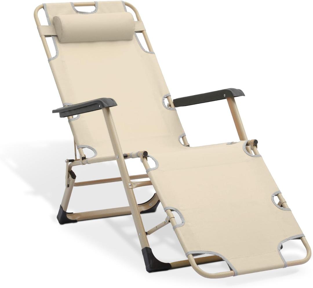 MoNiBloom Folding Reclining Patio Chair, 3-Position Patio Lounger Folding Chairs with Adjustable Backrest and Headrest for Backyard Poolside Lawn, 330lbs Capacity (Cream)