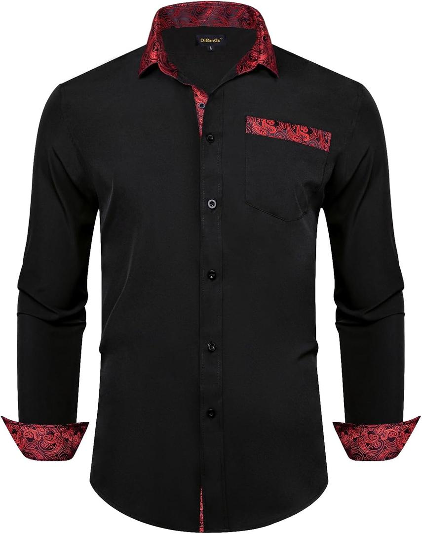 DiBanGu Men's Paisley Dress Shirts Long Sleeve Button Down Inner Contrast Casual Business Shirt with Collar Pin (Black and Red) DiBanGu Men's Paisley Dress Shirts Long Sleeve Button Down Inner Contrast Casual Business Shirt with Collar Pin (Black and Red)