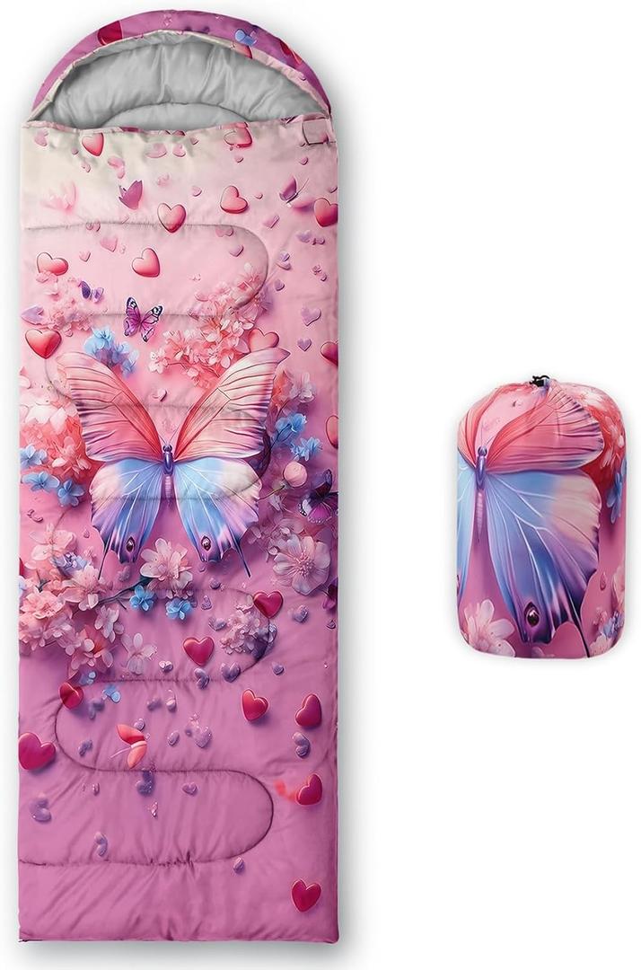 QOOMO Cartoon Butterfly Waterproof Sleeping Bags for Adults & Kids,Printed Camping Sleeping Bags, 3 Season Warm & Cool Weather,Lightweight,Traveling,and Outdoors,Camping Gear Equipment,31x90inch