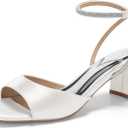 Coutgo Womens Heeled Sandals Rhinestone Chunky Low Heels Satin Square Toe One Strap Ankle Buckle Dress Shoes (8.5, White)