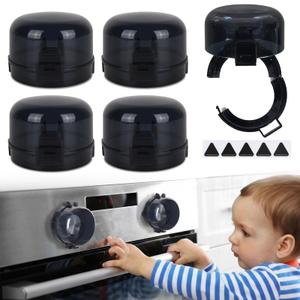 YEWROXY Stove Knob Covers for Child Safety 5-Pack Heat-Resistant Oven Lock Knob Covers with Heat Alert Stickers, Baby and Pets Proofing Guards for Gas & Electric Stoves (Dark)
