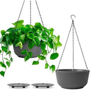 T4U 10 Inch Hanging Planters for Indoor Outdoor Plants, Hanging Plant Pot Pack of 2, Self Watering Hanging Pots with Drainage Hole & Plug & Chain with 3 Hooks for Garden Home Decor, Grey
