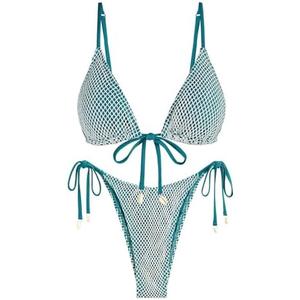ZAFUL Women Triangle String Two Piece Bikini Fishnet Mesh Tie Shell Decor Tanga 2 Piece Swimsuit, Smal