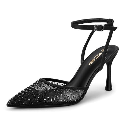 PIZZ ANNU Women's Cienna High Heels Sexy Stiletto Pumps Closed Toe Mesh Sparkly Rhinestones Ankle Strap Dress Wedding Party Pumps Shoes, Black 9.5