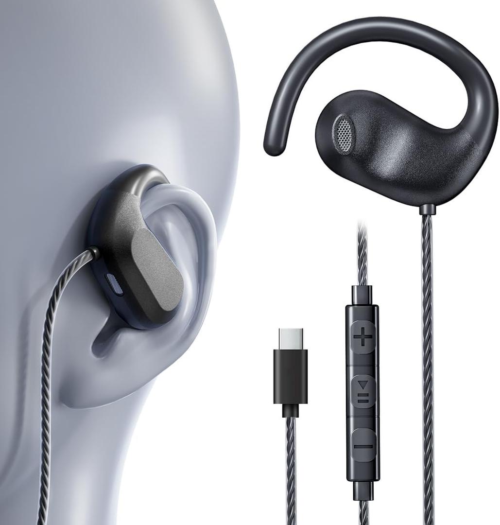 USB C Headphones Wired Earbuds Type c | Open Ear Headphones with Mic | Running Earbuds with Rotatable Earhook & Volume Control for iPhone 15 & 16, Samsung, Android USB C Phones, Tablets & Laptops