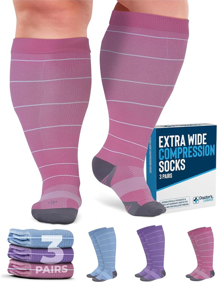 Doctor's Select Plus Size Compression Socks - 3 Pairs, Up to 6XL, 20-30 mmHg, Wide Calf, Blue, Pink, Purple (Stripes) (4X-Large)