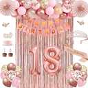 18th Birthday Decorations for Girls, Rose Gold 18 Birthday Decorations for Her, 18 Sash and Crown, Banner, Fringe Curtains, Hanging Paper Fans, 18 Year Old Party Supplies Set