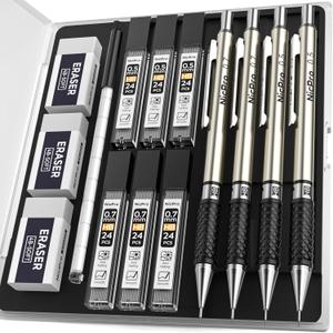 Nicpro Art Mechanical Pencil Set in Case, 4 PCS Metal Drafting Pencil 0.5 mm & 0.7 mm, Lead Pencil with 6 Tube HB Lead Refills, 3 Erasers, 9 PCS Eraser Refills for Artist Writing, Drawing, Sketching