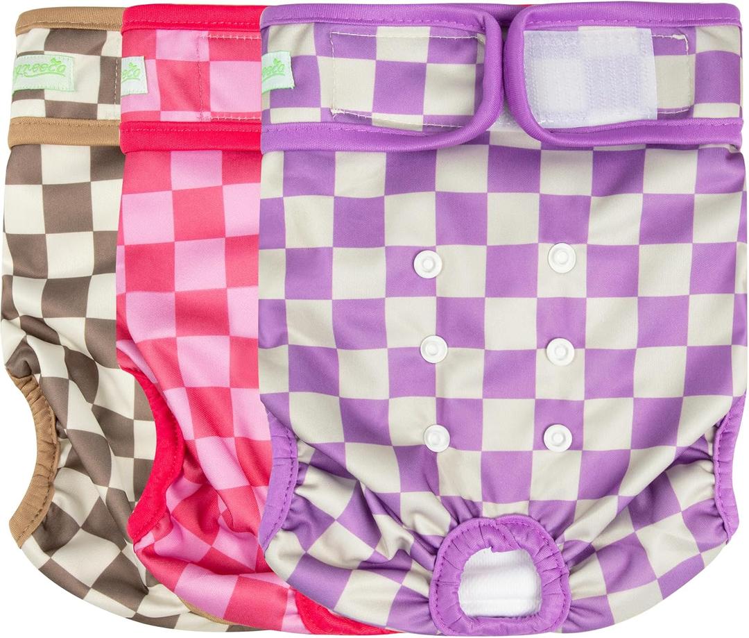 wegreeco Washable Female Dog Diapers Highly Absorbent Reusable Diapers for Dog in Heat Dog Period Diapers, 3 Pack (Checkerboard Red, Purple, Coffee, Small)