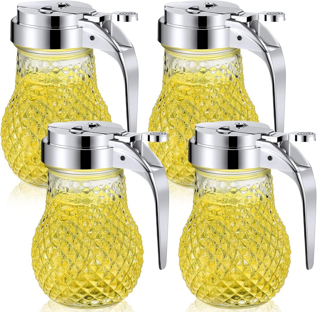 4 Pack Syrup Dispensers Glass Honey Jar Bottle Maple Sugar Dispenser 6 oz Retracting Spout Syrup Containers Pitcher For Milk Coffee Home Restaurant Kitchen Bar Oil Condiment (Rhombus Style)