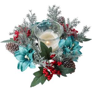 Christmas Candle Ring Wreaths Poinsettia Berries Pinecones Candle Ring Holder for Christmas Table Centerpiece Window Chair Wall Dcor (Light Blue)