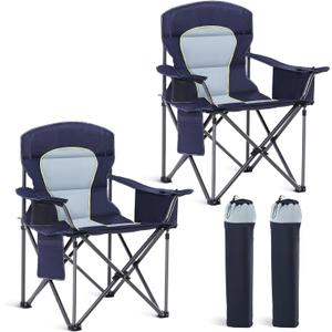 HIGH POINT SPORTS Oversized Camping Folding Chair, Heavy Duty Portable Outdoor Chair, Foldable Camp Chair with Cup Holder and Cooler Bag Support 450 LBS, 2 Pack, Dark Blue