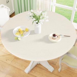 misaya Round Fitted Tablecloth with Elastic Edge, 100% Waterproof Oil Proof Plastic Table Cover, Vinyl Flannel Backed Tablecloth Fits 36"-44" Round Tables for Dinner, Outdoor, Picnic, Weave Pattern