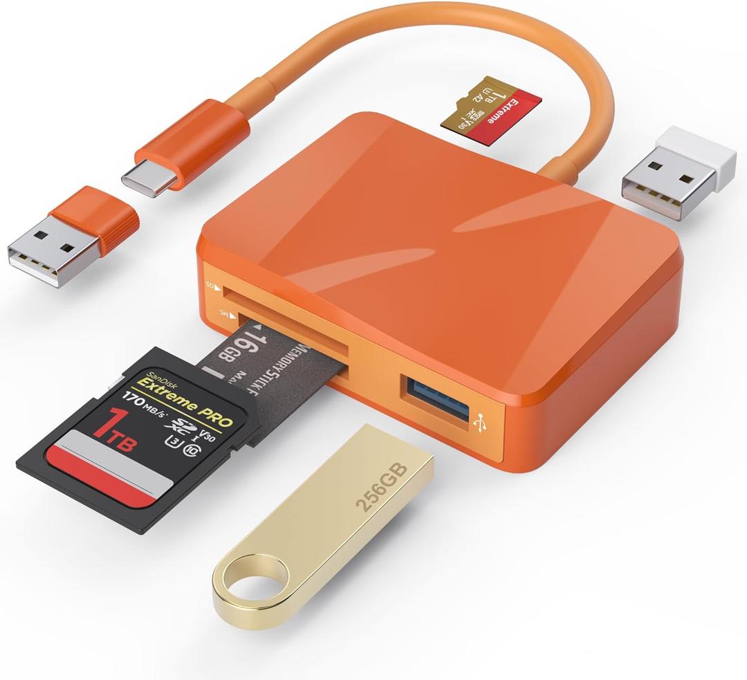 SD Card Reader, 5 in 1 USB-C & USB Card Adapter with SD/MicroSD/MS and Dual USB-A Ports Memory Card Reader for iPhone 17/16/15 Pro Max iPad MacBook Pro/Air M4/M3 Android Phone/Tablet PC (Orange)