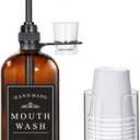 Amber Glass Mouthwash Dispenser for Bathroom with Reusable Cups Holder and Pump, Glass Cup and Clear Plastic Paper Cup Dispensers Included, 16 Oz Rustic Boho Mouthwash Dispenser Farmhouse Decor