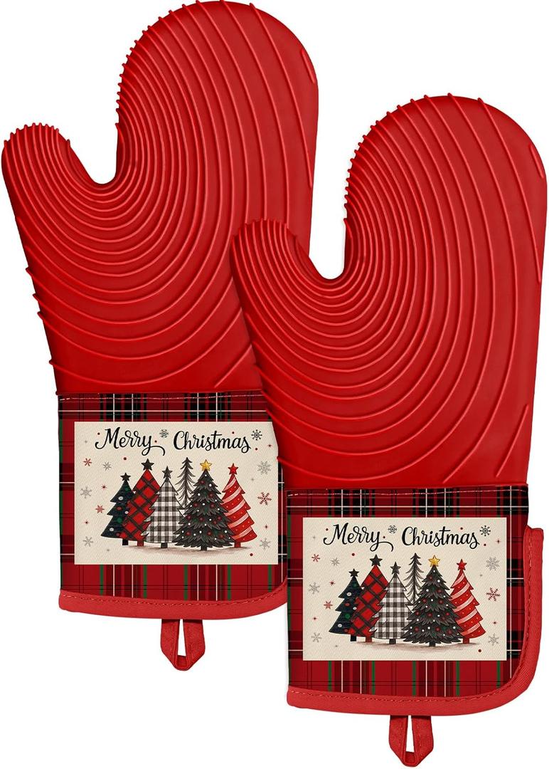 Slohif Long Silicone Oven Mitts Heat Resistant for Women - 2 Pcs Christmas Tree 100% Cotton Oven Gloves, Non-Slip and Waterproof Silicone Oven Mitts with Hanger for Baking and Cooking (Red)