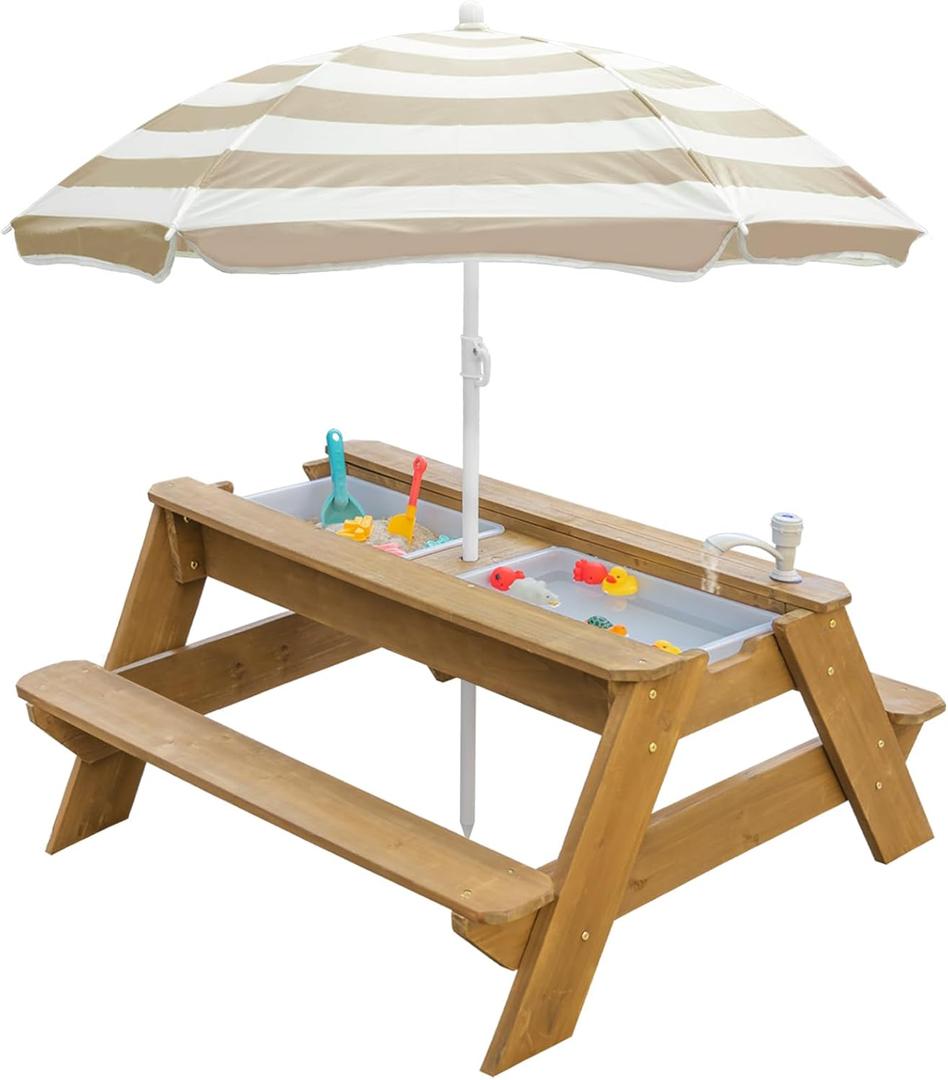 Kids 3-in-1 Sand & Water Activity Table, Wood Outdoor Convertible Picnic Table, 2 Play Boxes, Removable Top with Faucet, Picnic for Outdoor (Natural/Brown), 28" x 19.7" x 23.2"
