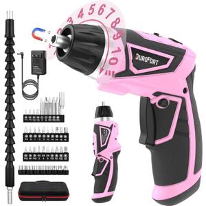 Cordless Electric Screwdriver Set, 8V 10Nm Rechargeable Power Electric Drill, Battery Screw Gun with Driver Bit, 320RPM/10+1 Torque, 2 Position Handle, Flexible Shaft LED Light (Pink, 39Pcs)
