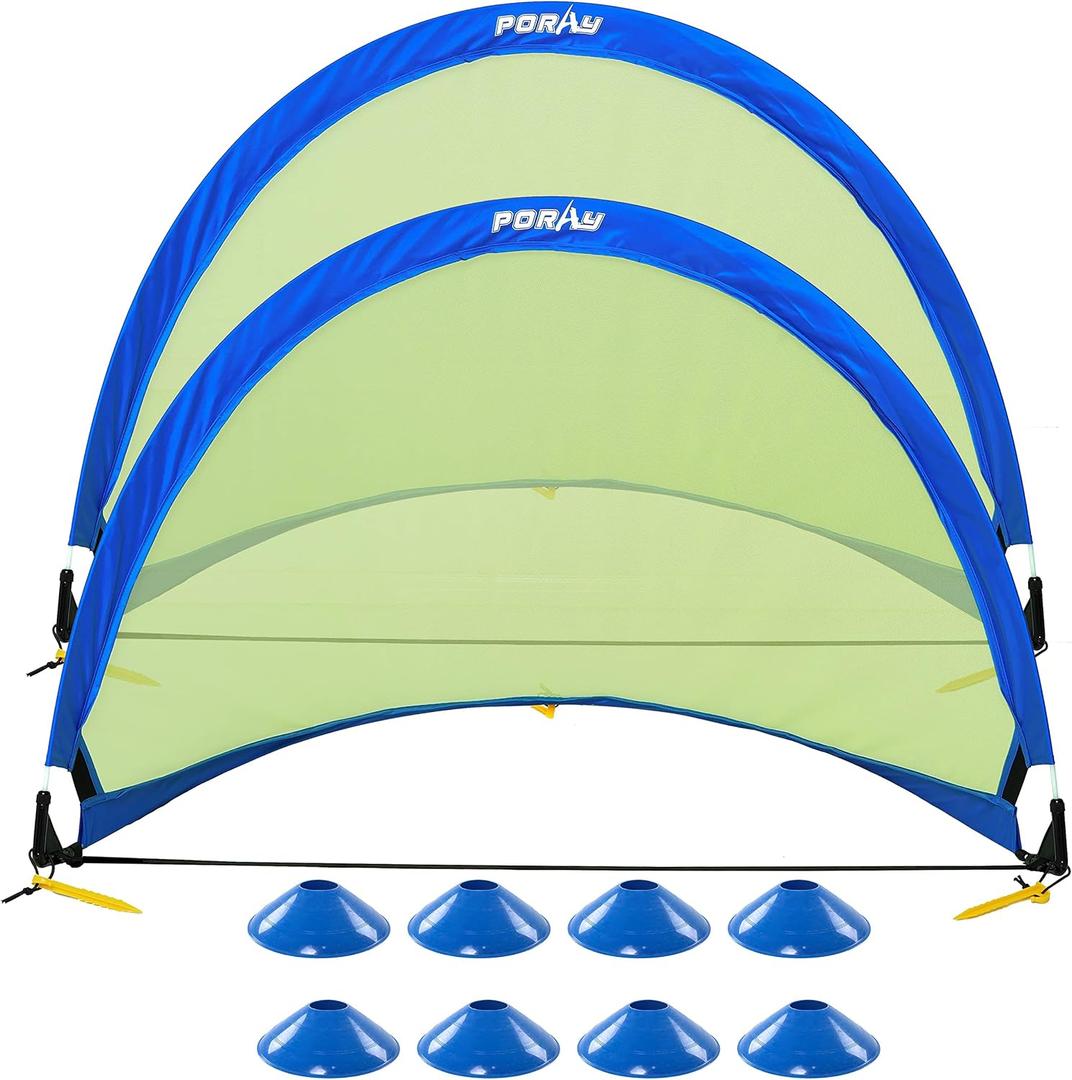 Poray Soccer Goal for Kid Easy-up Set of Two Portable Soccer Net 210D Oxford with 8 Field Marker Cones Extra Stakes Fun for Backyard and Soccer Training