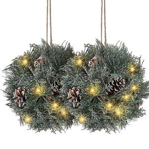 Sosation 2 Pcs 10 Inch Prelit Artificial Christmas Kissing Ball Decoration with Hanging Pine Cones, Frosted Branches and Berries for Home and Party Decor