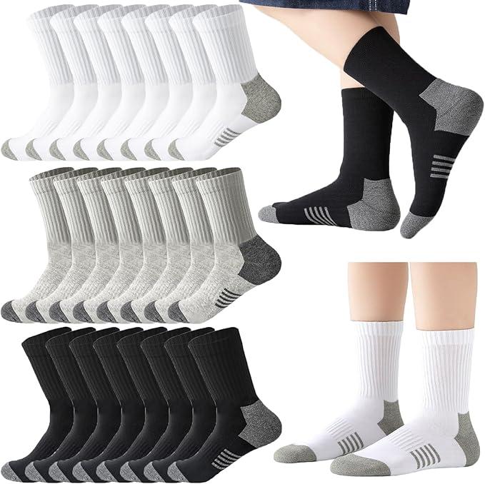 20 Pairs Crew Athletic Socks for Kids Breathable Cushion Crew Socks for Kids Sport Running Traveling, Black, White, Gray
