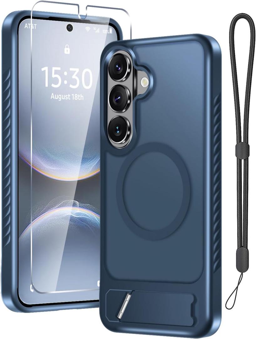 for Samsung Galaxy S26 Case with Screen Protector+Lanyard Wrist Strap,Magnetic Translucent Matte Rugged Slim Phone Cover Built in Invisible Kickstand [Fit for MagSafe],2026 Navy Blue