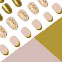 3 x Gold French tips Press on Nails Medium Almond Fake Nails with Design Golden Glitter Glue on Nails Reusable Foil Nail Glossy Nude False Nail for Women Girls Manicure 24pcs