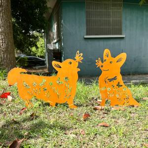 2PCS Rusty Corgi Decorative Garden Stakes, Metal Dog Yard Decor, Corgi Lover Gifts for Women Mom Grandma Wife, Metal Dog Statues Garden Sculptures and Yard Art, Patio, Lawn Ornaments