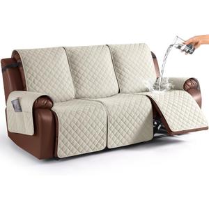 KinCam Waterproof Recliner Sofa Cover, Non-Slip Reclining Couch Covers for 3 Seat, Recliner Couch Cover Furniture Protector with Elastic Straps for Pets, Kids, Ivory