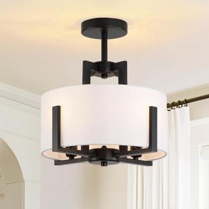 4-Light Semi Flush Mount Ceiling Light with White Fabric Modern Black Drum Ceiling Light Fixtures Round Chandelier for Bedroom Living Room Kitchen and Hallway