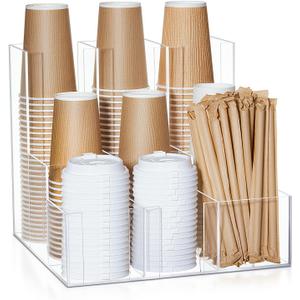 CroBlissful Acrylic Vertical Coffee Cup and Lid Dispenser, Coffee Condiment Organizer, 9 Compartment for Disposable Paper & Plastic Cup, for Cabinet Station Home Countertop Bar 13''l x 13''w x 12''h