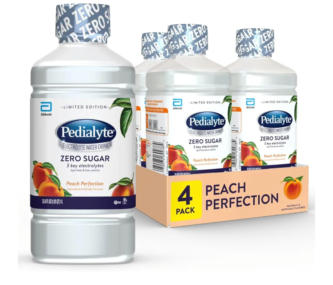 Pedialyte Electrolyte Water Hydration With Key Electrolytes | Hydration Low in Calories | Peach and Mango Perfection, 1 Liter, Pack of 4  1Jul 2026