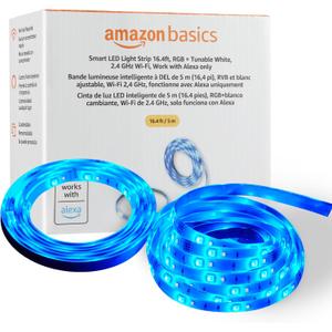 Amazon Basics Smart LED Light Strip, 16.4 Feet, RGB + Tunable White, Works with Alexa Only, 2.4 GHz Wi-Fi, No Hub Required