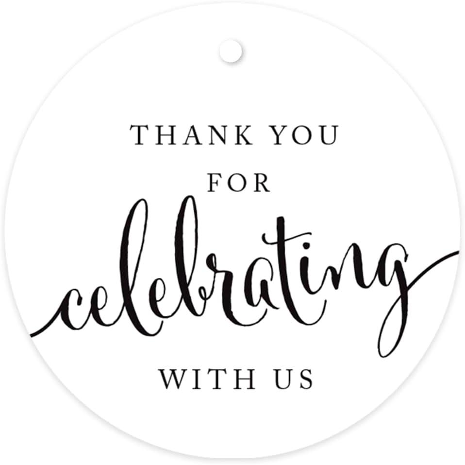 Andaz Press Circle Gift Tags, Thank You for Celebrating with Us, White, 24-Pack, Round Thanks Tag for Baby Bridal Wedding Shower, Anniversary Celebration, Graduation, Outdoor Event, White Tag